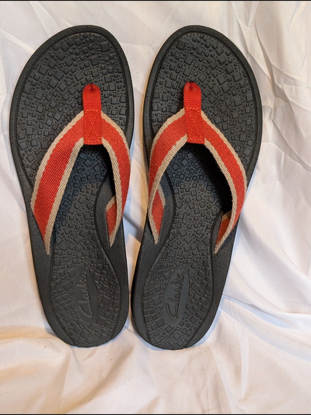 Clarks Black Flip Flops with Red & Cream Straps